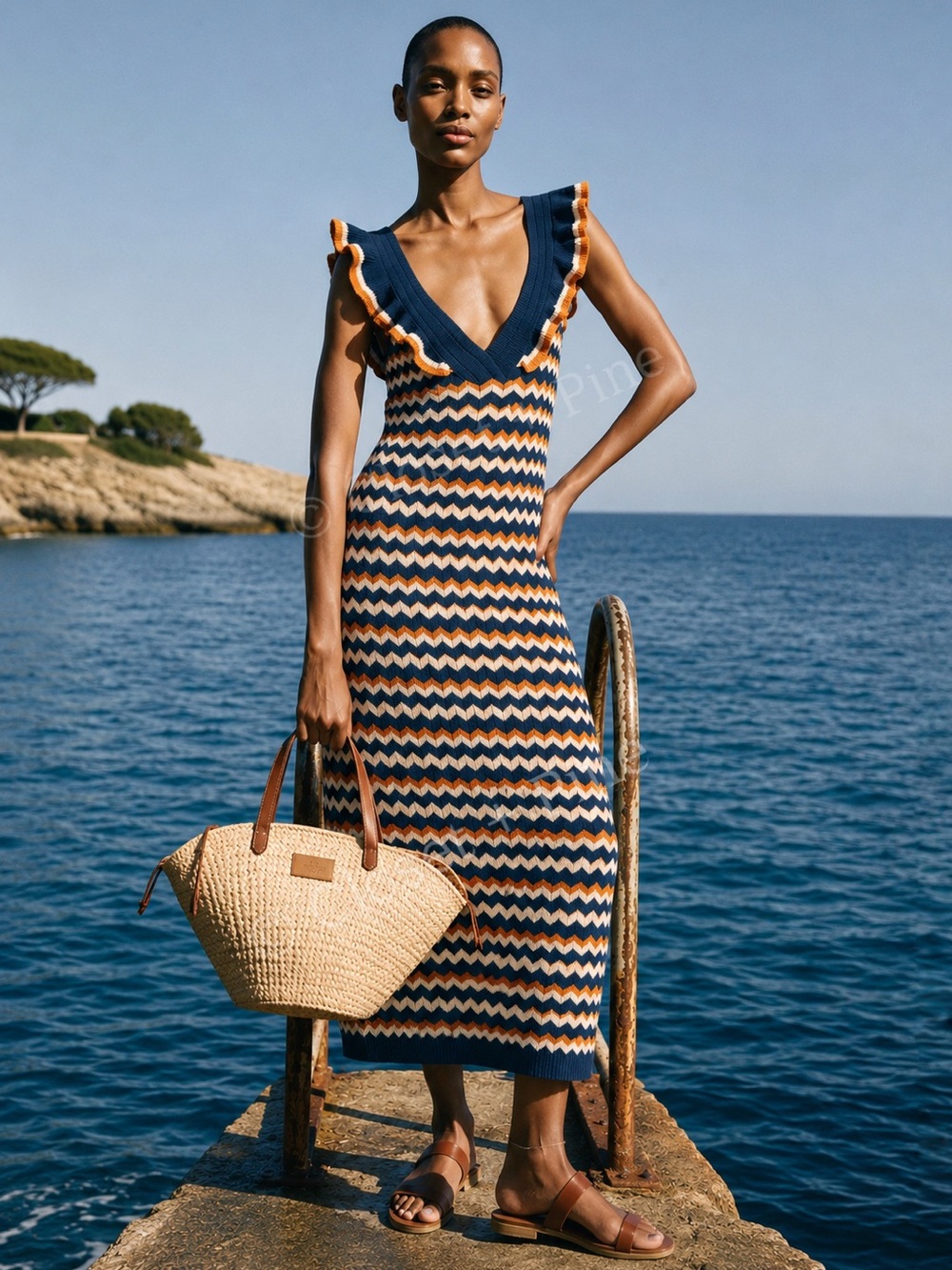 Sezane Simona Dress Navy Ochre Size XS Knit Midi Maxi Dress Blue Zig-Zag